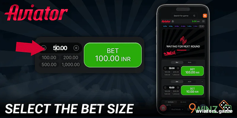 Pick your desired stake for the Aviator game using the 9winz mobile application.