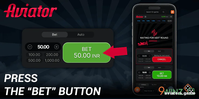 Confirm your wager for the Aviator game through the 9winz mobile interface.