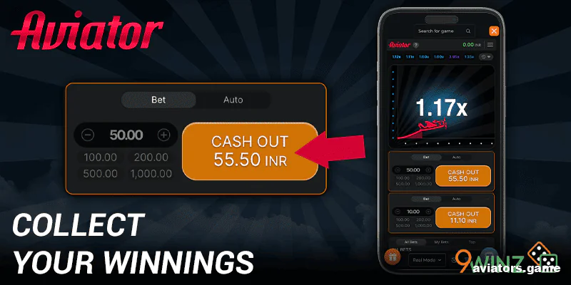 Secure your winnings by collecting your bet in the 9winz app's Aviator game.