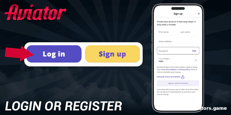Sign in or sign up within the Casino Days Aviator mobile app