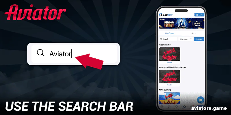 Locating the Aviator game using the search function in the Indibet app